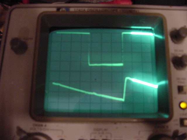 Waveforms on dual-trace scope: 1. Blue tritch plate; 2. Servo phase detector (mechanisches Farbfernsehen)
